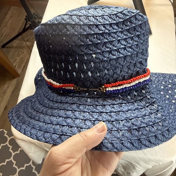 SHEIN Navy Blue Straw Hat Red White And Blue Bead Accents USA NWOT - Picture 6 of 12
